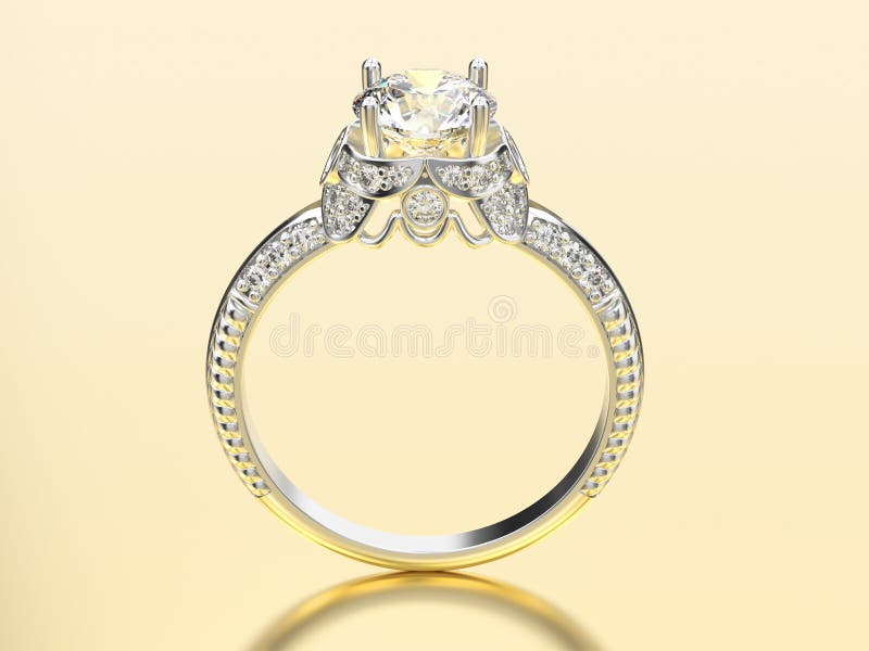 3D illustration white gold or silver decorative engagement diamonds ring with reflection on a gold background. 3D illustration white gold or silver decorative engagement diamonds ring with reflection on a gold background