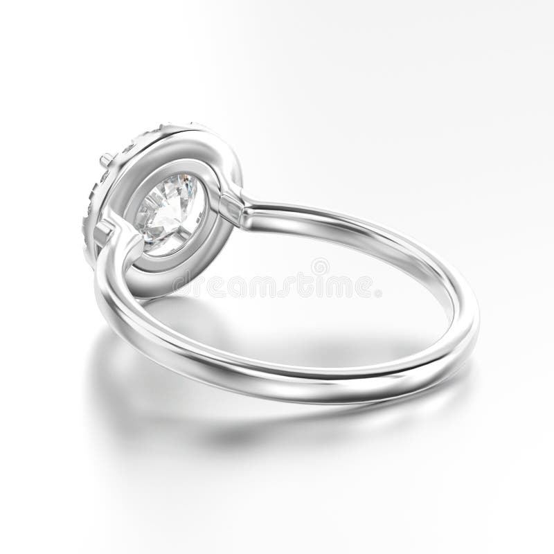3D illustration white gold or silver ring with diamonds back view with reflection on a grey background. 3D illustration white gold or silver ring with diamonds back view with reflection on a grey background