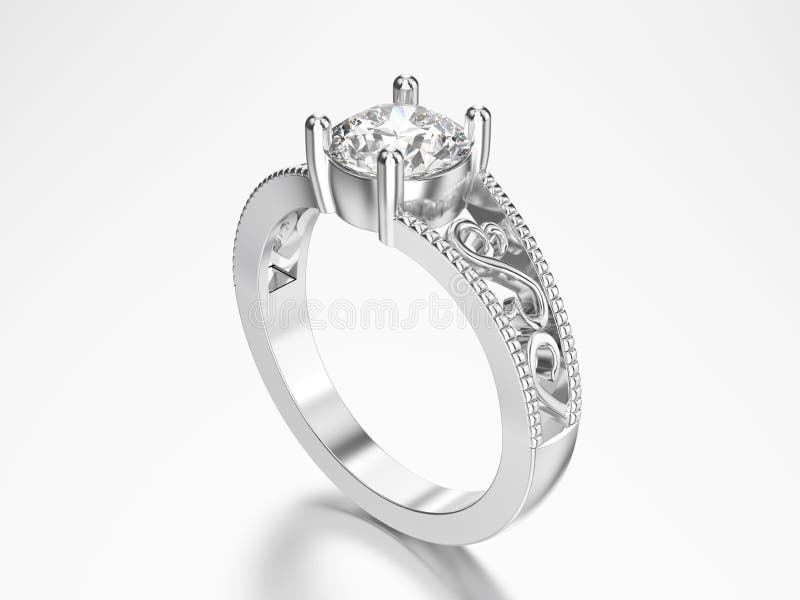 3D illustration white gold or silver ring with diamonds with reflection on a grey background. 3D illustration white gold or silver ring with diamonds with reflection on a grey background
