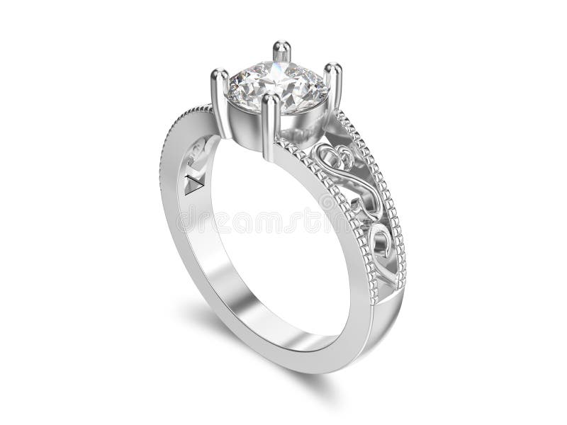 3D illustration white gold or silver ring with diamonds and ornament with shadow on a white background. 3D illustration white gold or silver ring with diamonds and ornament with shadow on a white background