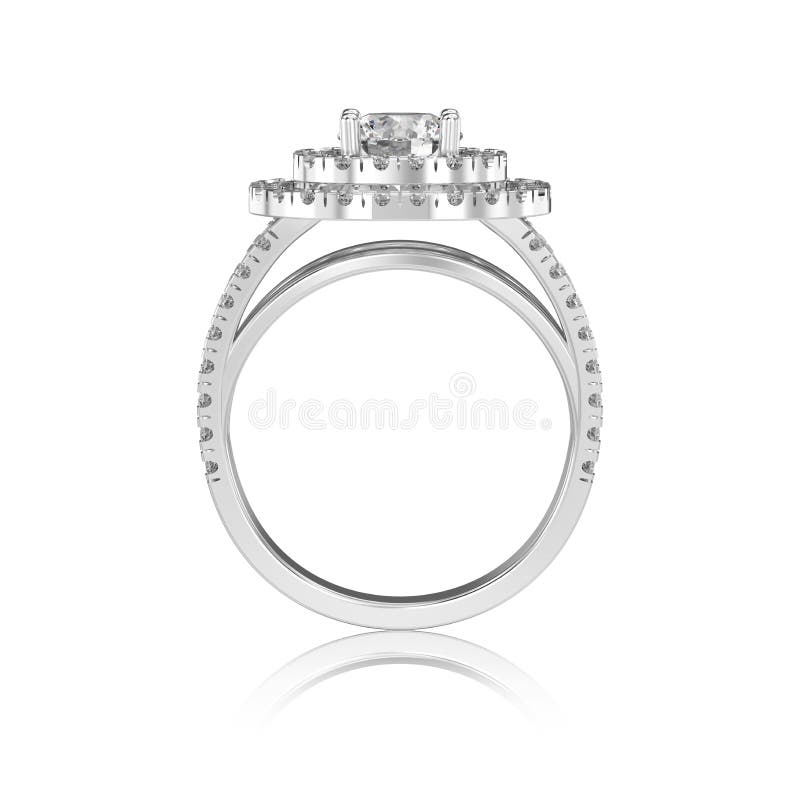 3D illustration white gold or silver ring with diamonds with reflaction on a white background. 3D illustration white gold or silver ring with diamonds with reflaction on a white background