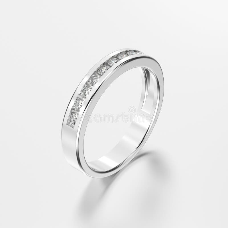 3D illustration white gold or silver ring with diamonds with reflection on a grey background. 3D illustration white gold or silver ring with diamonds with reflection on a grey background
