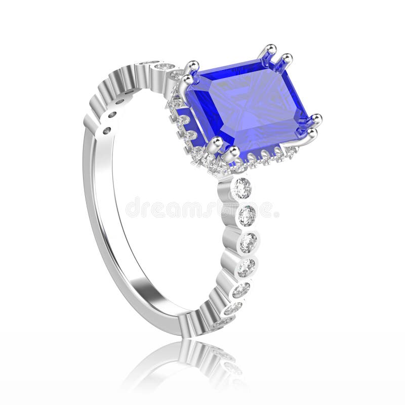 3D illustration white gold or silver diamonds decorative ring with blue sapphire and reflection on a white background. 3D illustration white gold or silver diamonds decorative ring with blue sapphire and reflection on a white background