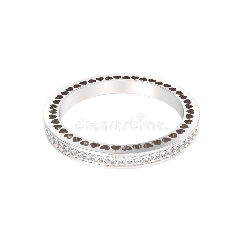 3D illustration white gold or silver eternity band ring with diamonds and hearts on a white background. 3D illustration white gold or silver eternity band ring with diamonds and hearts on a white background