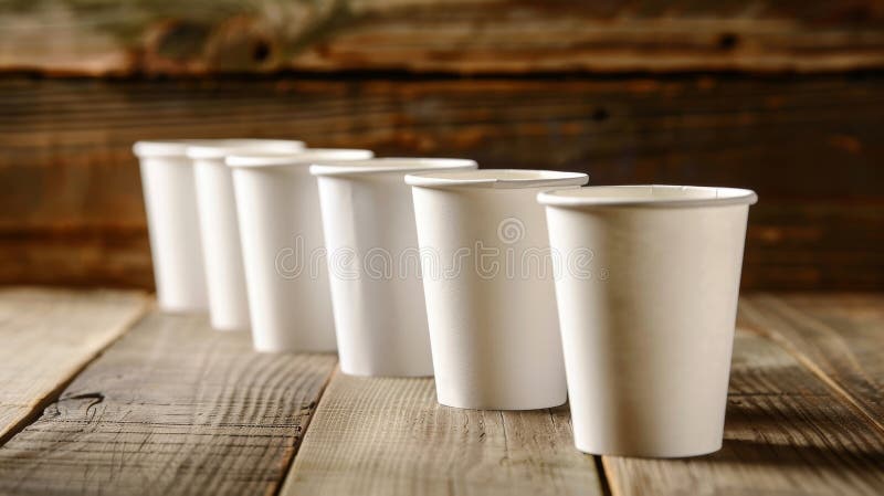 Weißpapiertassen in Reihe auf rustikalem Holztisch, umweltfreundliches Einwegkonzept stockbild