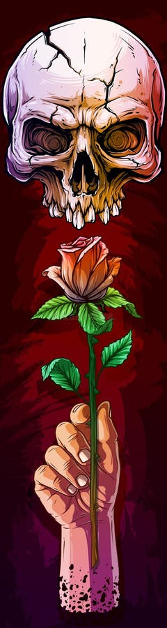 Weiße menschliche Hand der Karikatur mit dem Schädel und Rose lizenzfreie abbildung Weiße menschliche Hand der Karikatur mit dem Schädel und Rose lizenzfreie abbildung