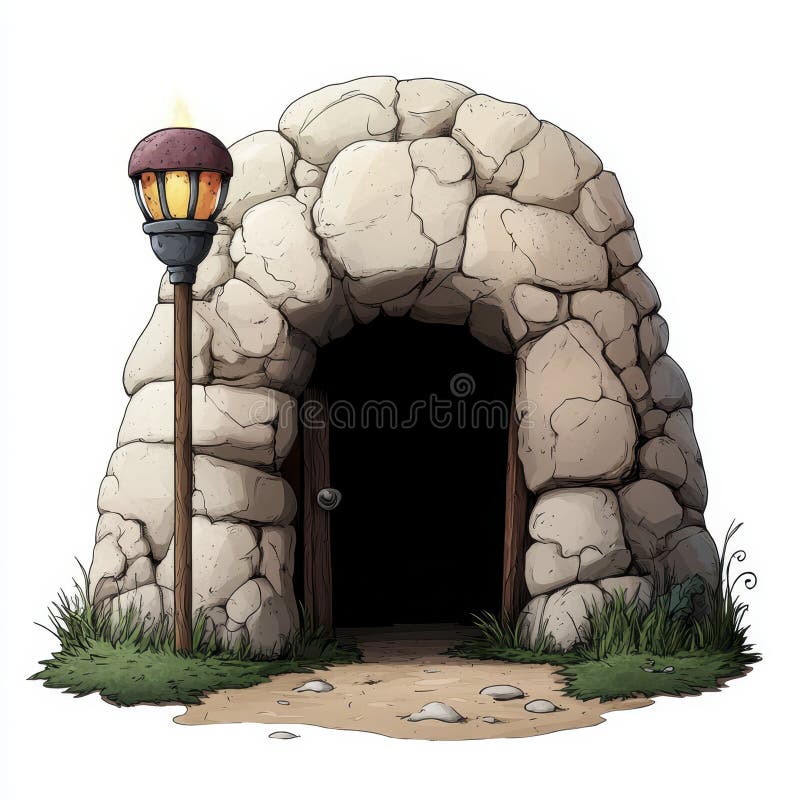 Wejście do jaskini kamienia z lampą ognia Pixel Art Ilustracja ilustracja wektor