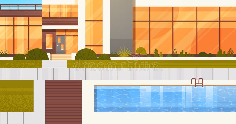 Wejście Luksusowa willa Lub hotel Z Pływackiego basenu Pobliskim domem royalty ilustracja Wejście Luksusowa willa Lub hotel Z Pływackiego basenu Pobliskim domem royalty ilustracja