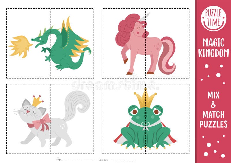 Wektor bajkowy mix i puzzle meczu z smokiem jednorożec kot w koronie żaba książę. dopasowywanie aktywności magicznego królestwa dl royalty ilustracja
