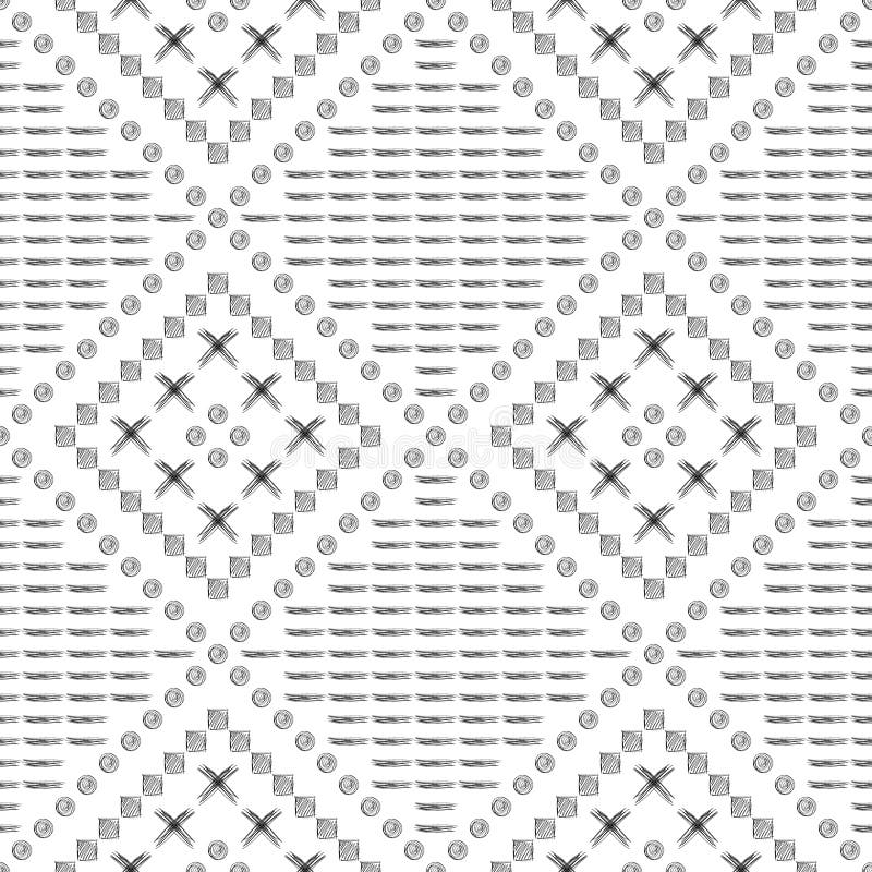 wektor bezszwowy wzoru Czarny i biały geometrical tło z okręgami, krzyżem i liniami ręki rysującymi, projekt prosty ilustracji wektor bezszwowy wzoru Czarny i biały geometrical tło z okręgami, krzyżem i liniami ręki rysującymi, projekt prosty ilustracji