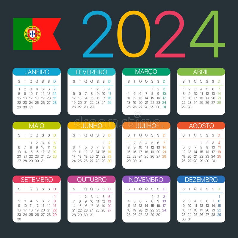 2024 wektor kalendarza grafika ilustracja portugalska wersja graficzna. Szablon wektora w wersji portugalskiej z kalendarzem 2024