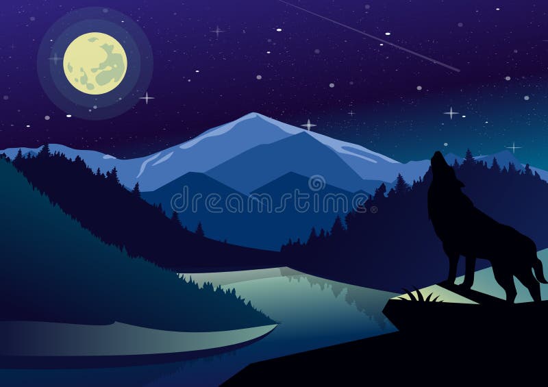 Wektor krajobrazowa ilustracja z górami i lasami w nighttime Wilk na wierzchołku wy przy księżyc góra ilustracja wektor Wektor krajobrazowa ilustracja z górami i lasami w nighttime Wilk na wierzchołku wy przy księżyc góra ilustracja wektor