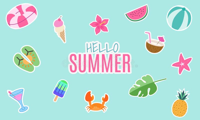 Wektor letni hallo z elementami tropikalnymi. Ilustracja wektorowa z tekstem witaj lato otoczonym elementami tropikalnymi takimi jak flipflops kokosowy napój kraba loda lody arbuza kapryśna plaża koktajl i ananasa