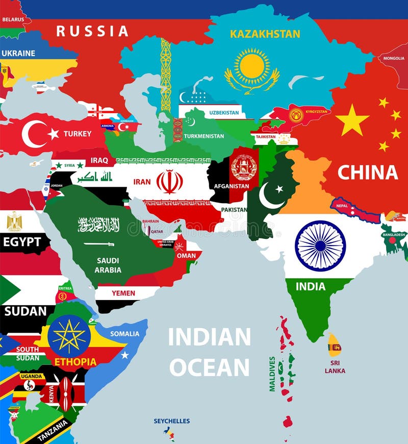 Wektorowa Część Mapy świata Z Krajami Azji Zachodniej, Europy