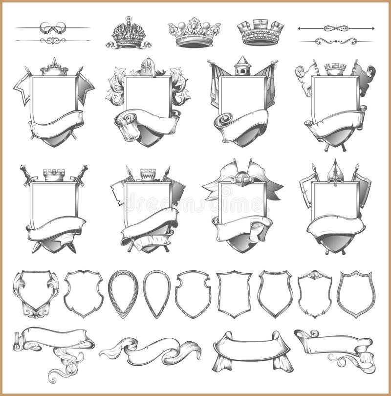 Wektorowa heraldyczna element kolekcja i żakiet ręka szablon ilustracji