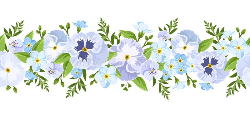 Wektorowa horyzontalna bezszwowa granica z błękitnym pansy i niezapominajką kwitnie ilustracja wektor