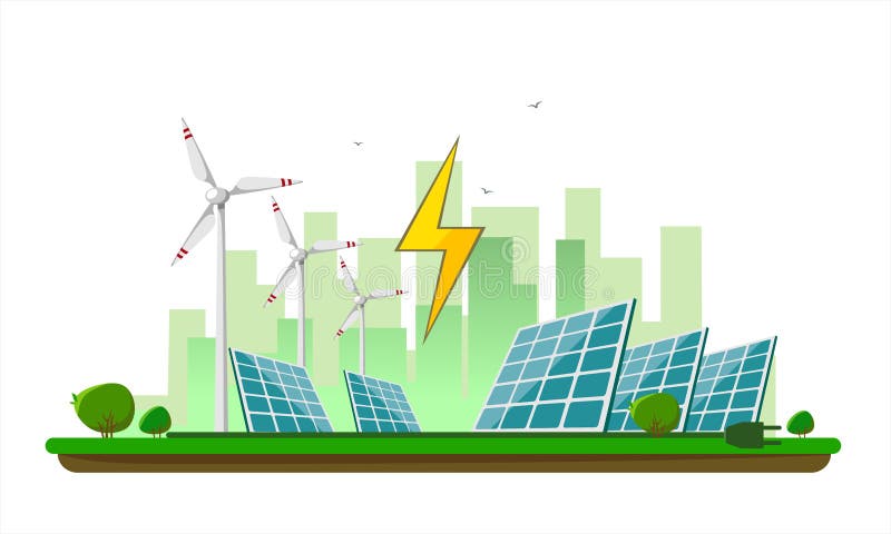 Wektorowa ilustracja czysta elektryczna energia od odnawialnych źródeł słońce i wiatr na bielu Elektrownia stacyjni budynki z sol ilustracja wektor Wektorowa ilustracja czysta elektryczna energia od odnawialnych źródeł słońce i wiatr na bielu Elektrownia stacyjni budynki z sol ilustracja wektor