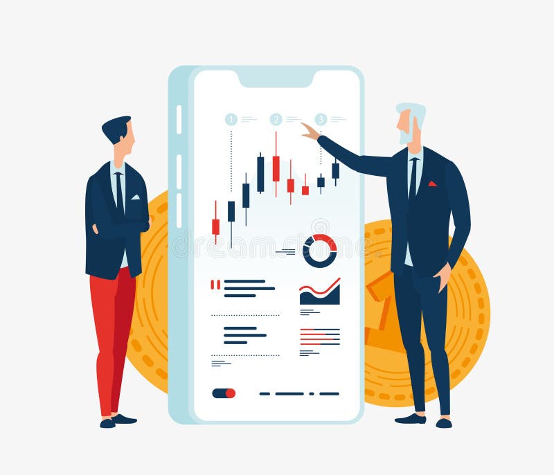 Wektorowa ilustracja dwa biznesmena finansisty przed parawanowym gadżetem z wykresami pieniężni wskaźniki ilustracji Wektorowa ilustracja dwa biznesmena finansisty przed parawanowym gadżetem z wykresami pieniężni wskaźniki ilustracji
