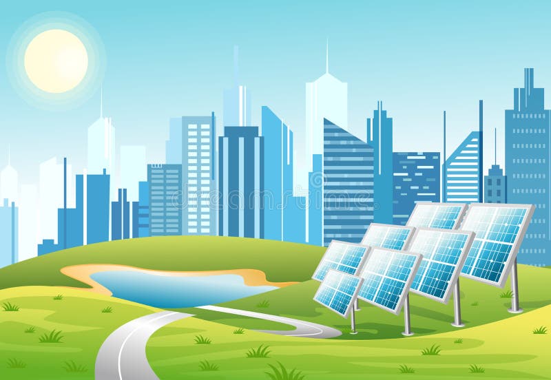 Vector illustration of solar power panels with sun and urban city skyscrapers skyline on green turquoise background. Eco green city theme. Ecological energy concept in flat cartoon style. Vector illustration of solar power panels with sun and urban city skyscrapers skyline on green turquoise background. Eco green city theme. Ecological energy concept in flat cartoon style