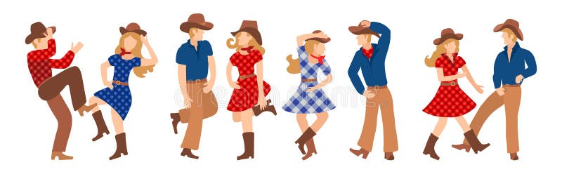 Vector illustration of a group of cowboys and cowgirls in western country dancing a line of dance. Couples man and woman dancing a. Cheerful dance in American folk style. Vector illustration of a group of cowboys and cowgirls in western country dancing a line of dance. Couples man and woman dancing a. Cheerful dance in American folk style