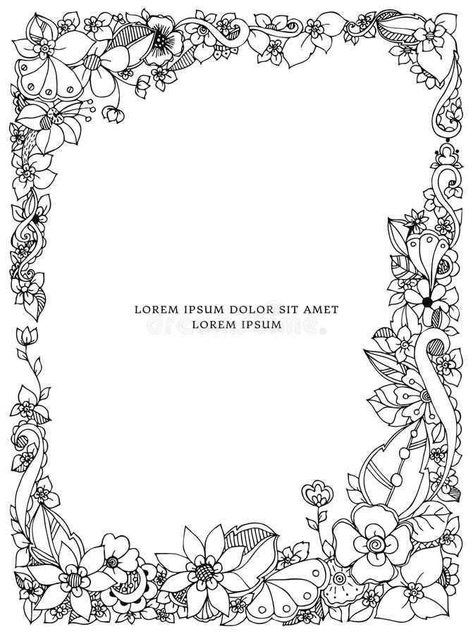Wektorowa ilustracja kwiecisty ramowy zentangle, doodling Zenart, doodle, kwiaty, motyle piękni, delikatny