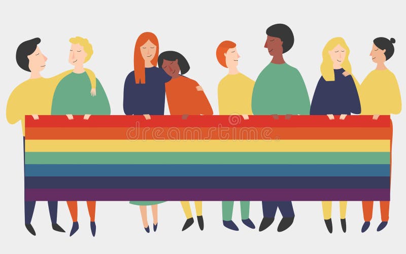 Wektorowa ilustracja lgbt ludzie trzyma tęczę zaznacza Sztandar z homoseksualista i lezbijka parami z tęczy flagą ilustracji Wektorowa ilustracja lgbt ludzie trzyma tęczę zaznacza Sztandar z homoseksualista i lezbijka parami z tęczy flagą ilustracji