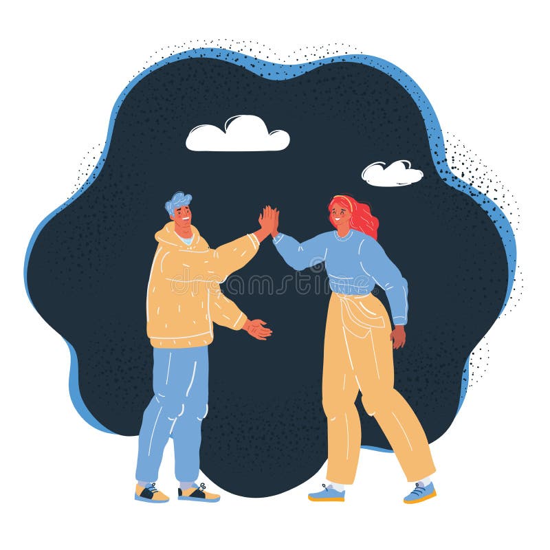 Wektorowa ilustracja mężczyzny i kobiety daje pięć na ciemnym tle. dobra praca zespołowa. ilustracja wektor