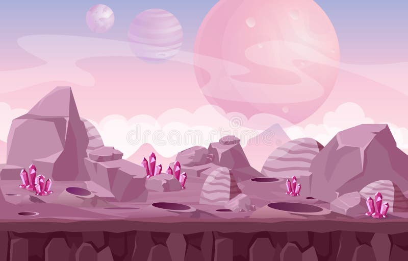 Wektorowa ilustracja piękny obcego krajobraz, astronautyczny tło w menchiach barwi dla gemowego projekta ilustracji