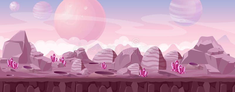 Wektorowa ilustracja piękny obcego krajobraz w menchiach barwi z kryształami i górami Inny planetuje fantazję royalty ilustracja
