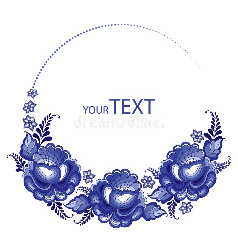 Wektorowa ilustracja round rama z kwiecistym motywem w tradycyjnym rosjanina stylu Gzhel odizolowywał royalty ilustracja Wektorowa ilustracja round rama z kwiecistym motywem w tradycyjnym rosjanina stylu Gzhel odizolowywał royalty ilustracja