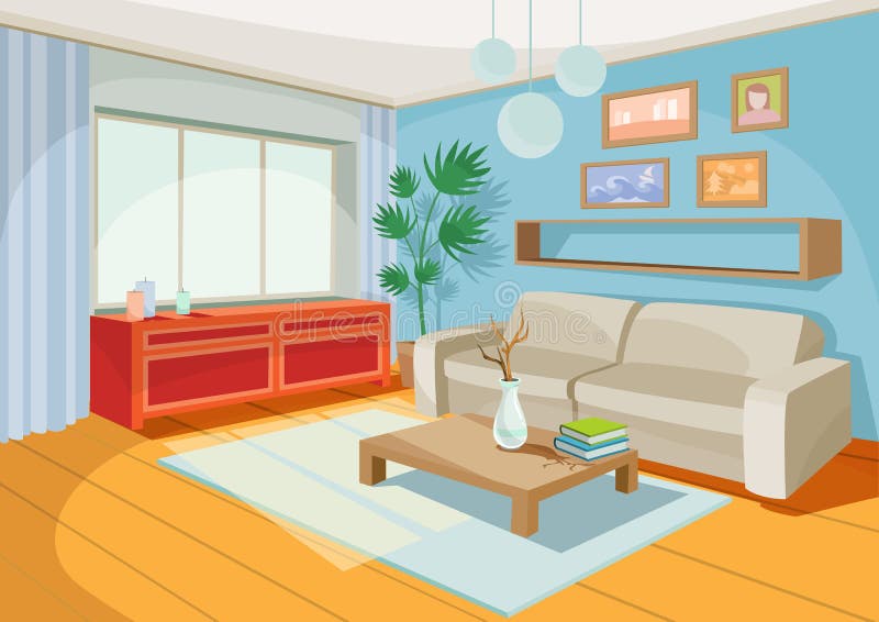 Vector illustration of a cozy cartoon interior of a home room, a living room with a sofa, coffee table, chest of drawers, shelf and window curtains. Vector illustration of a cozy cartoon interior of a home room, a living room with a sofa, coffee table, chest of drawers, shelf and window curtains