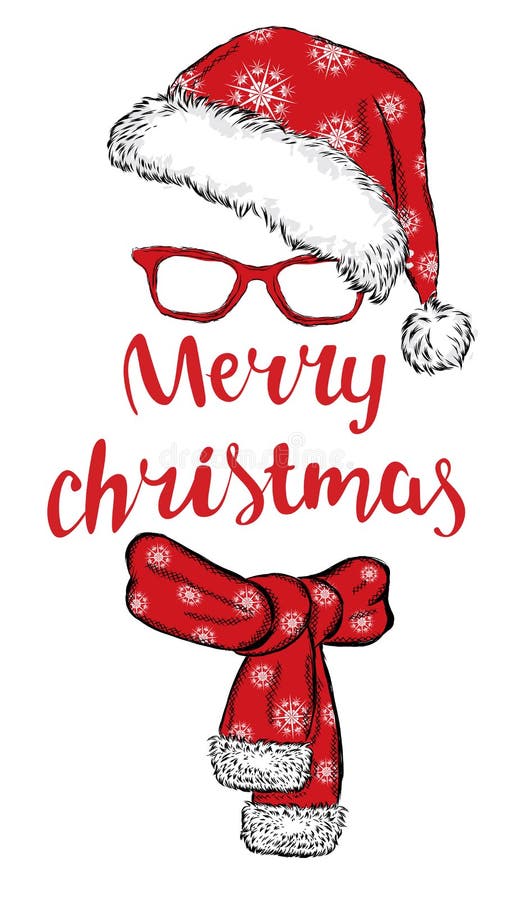 Wektorowa ilustracja z Santa kapeluszami Szalik, kapelusz i szkła, ilustracji Wektorowa ilustracja z Santa kapeluszami Szalik, kapelusz i szkła, ilustracji