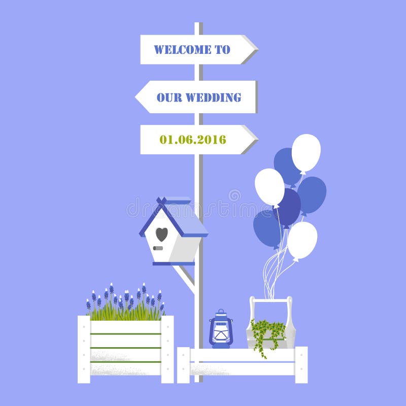 Wektorowa ilustracja z ślubnym kierunkowskazem, szpaczek, balon ilustracja wektor Wektorowa ilustracja z ślubnym kierunkowskazem, szpaczek, balon ilustracja wektor