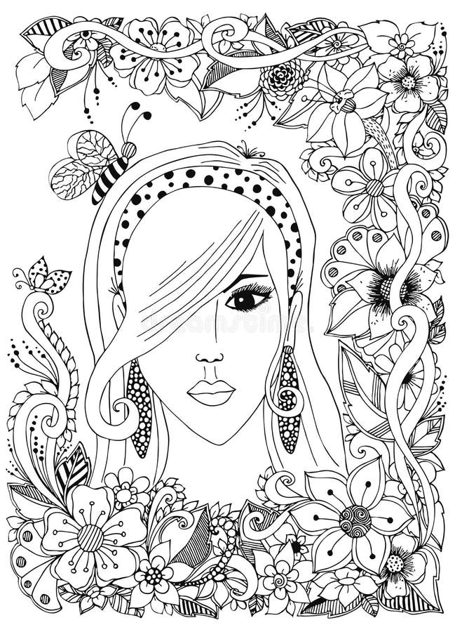 Wektorowa ilustracyjna dziewczyna z Azjatyckim zentangle pszczoły inher włosy Doodle ramy kwiaty Zenart stres Dorosła kolorystyka
