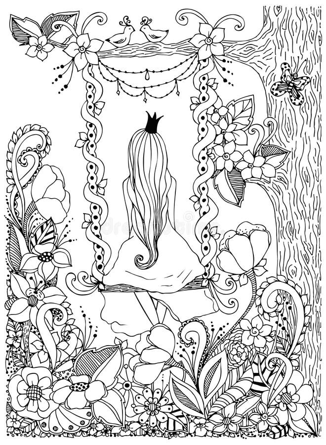 Wektorowa ilustracyjna dziewczyny Princess zentangle jazdy huśtawka Drewno, rama, kwiaty, ptaki drzewo, doodle, zenart, dudlart ilustracja wektor Wektorowa ilustracyjna dziewczyny Princess zentangle jazdy huśtawka Drewno, rama, kwiaty, ptaki drzewo, doodle, zenart, dudlart ilustracja wektor