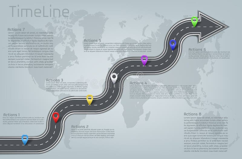 Wektorowa infographic światowa mapa, drogowy linia czasu układ ilustracji Wektorowa infographic światowa mapa, drogowy linia czasu układ ilustracji