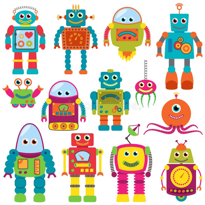 Wektorowa kolekcja Kolorowi Retro roboty royalty ilustracja Wektorowa kolekcja Kolorowi Retro roboty royalty ilustracja