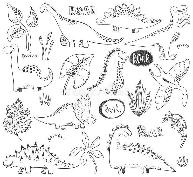 Wektorowa kolekcja ręka rysujący dinosaury, tropikalni liści drzewa i rośliny, royalty ilustracja Wektorowa kolekcja ręka rysujący dinosaury, tropikalni liści drzewa i rośliny, royalty ilustracja