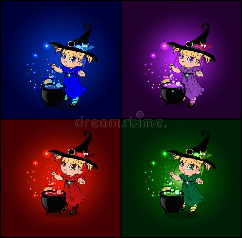 Wektorowa kreskówka ustawiająca Halloween karty z małymi dziecko czarownicami w kostiumu i kapeluszu ilustracja wektor Wektorowa kreskówka ustawiająca Halloween karty z małymi dziecko czarownicami w kostiumu i kapeluszu ilustracja wektor
