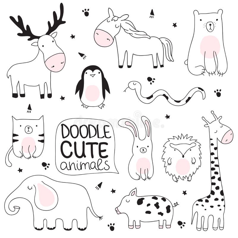 Wektorowa kreskówki nakreślenia ilustracja z ślicznymi doodle zwierzętami royalty ilustracja Wektorowa kreskówki nakreślenia ilustracja z ślicznymi doodle zwierzętami royalty ilustracja