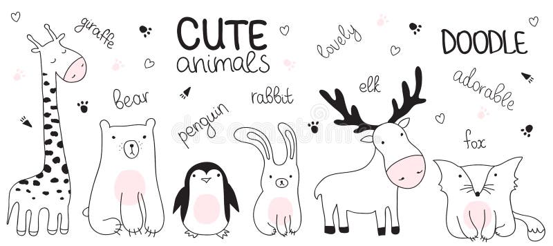 Wektorowa kreskówki nakreślenia ilustracja z ślicznymi doodle zwierzętami ilustracja wektor Wektorowa kreskówki nakreślenia ilustracja z ślicznymi doodle zwierzętami ilustracja wektor