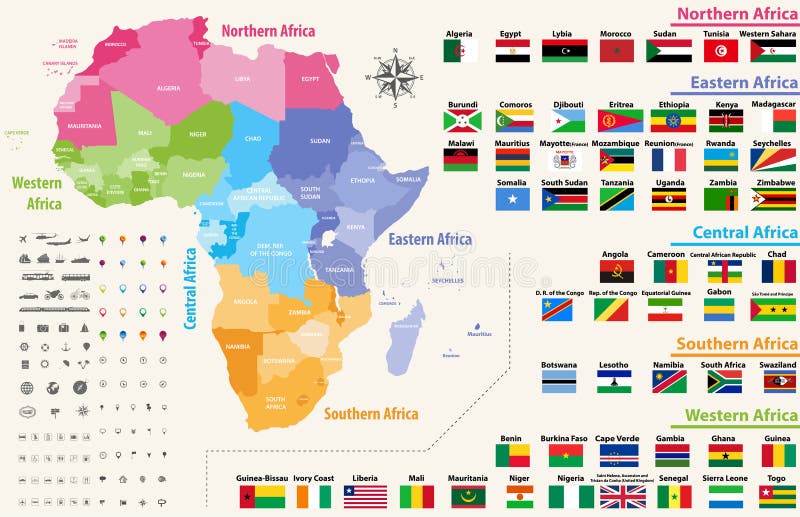 Vector map of Africa continent colored by regions. All flags of African countries arranged in alphabetical order and singled out by regions. Vector map of Africa continent colored by regions. All flags of African countries arranged in alphabetical order and singled out by regions