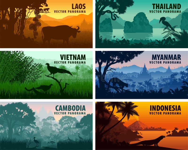 Wektorowa panorama Laos, Wietnam, Kambodża, Tajlandia, Myanmar, Indonezja ilustracja wektor Wektorowa panorama Laos, Wietnam, Kambodża, Tajlandia, Myanmar, Indonezja ilustracja wektor