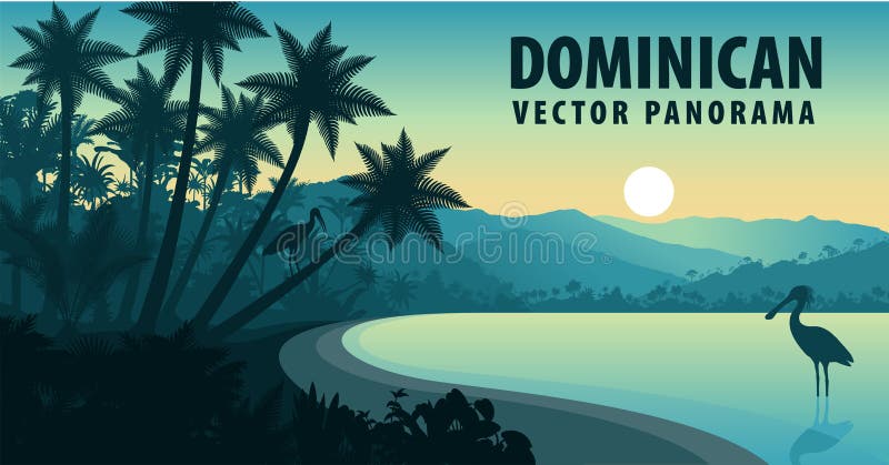 Wektorowa panorama republika dominikańska z plażą i spoonbill ilustracja wektor Wektorowa panorama republika dominikańska z plażą i spoonbill ilustracja wektor