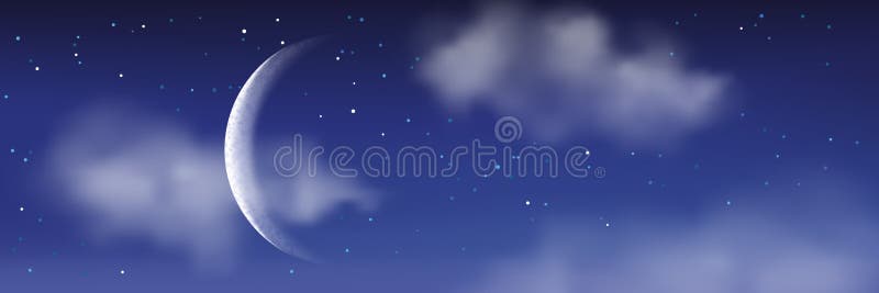 Wektorowa realistyczna ilustracja nocy cloudscape Księżyc, gwiazdy, chmury na niebieskim niebie Romantyczny krajobrazowy tło ilustracji