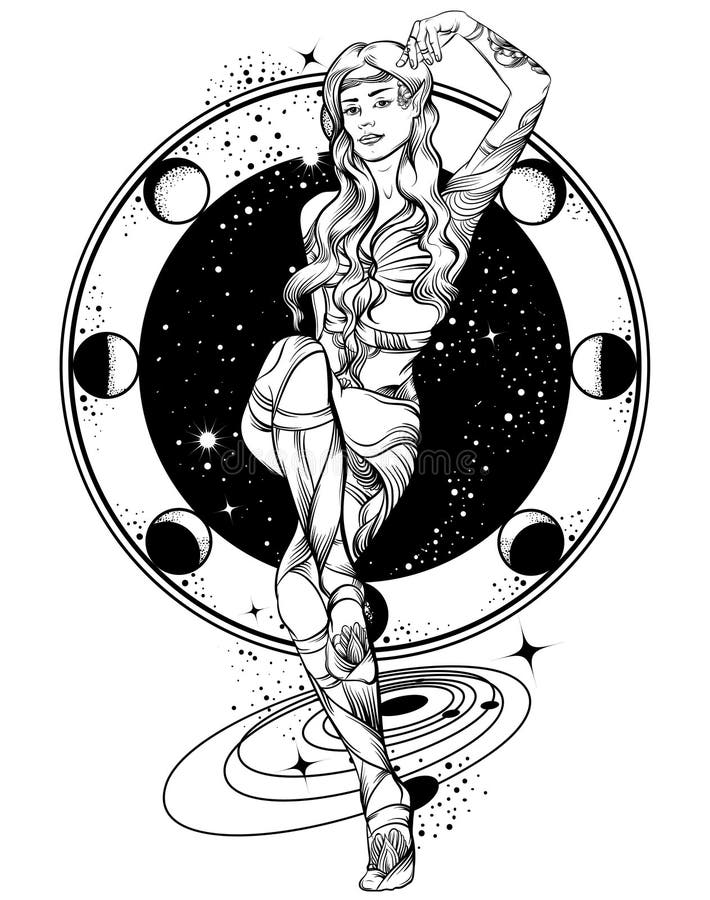 Wektorowa ręka rysująca ilustracja enchantress z planetami, gwiazdy royalty ilustracja Wektorowa ręka rysująca ilustracja enchantress z planetami, gwiazdy royalty ilustracja