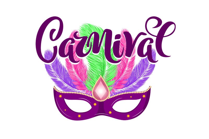 Wektorowa ręka rysująca karnawał maska z piórkami i literowanie karnawał dla Brasil carnaval, ostatki, Hiszpania karnawału festiw ilustracja wektor Wektorowa ręka rysująca karnawał maska z piórkami i literowanie karnawał dla Brasil carnaval, ostatki, Hiszpania karnawału festiw ilustracja wektor