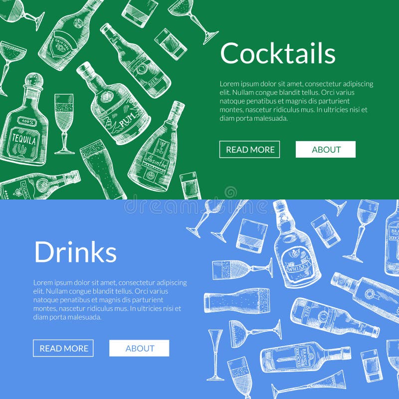 Wektorowa ręka rysujący alkoholu napoju szkieł i butelek sztandary ilustracyjni ilustracji Wektorowa ręka rysujący alkoholu napoju szkieł i butelek sztandary ilustracyjni ilustracji