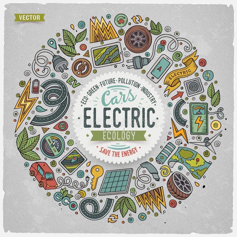 Wektorowa ręka rysujący set Elektrycznych samochodów kreskówki doodle protestuje royalty ilustracja Wektorowa ręka rysujący set Elektrycznych samochodów kreskówki doodle protestuje royalty ilustracja