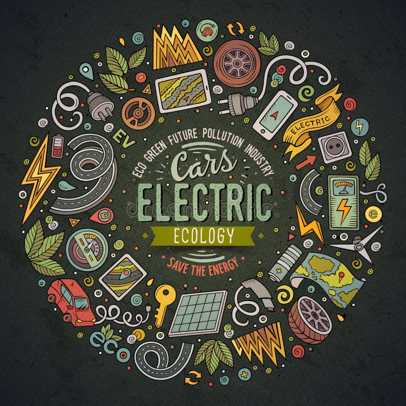 Wektorowa ręka rysujący set Elektrycznych samochodów kreskówki doodle protestuje ilustracja wektor Wektorowa ręka rysujący set Elektrycznych samochodów kreskówki doodle protestuje ilustracja wektor